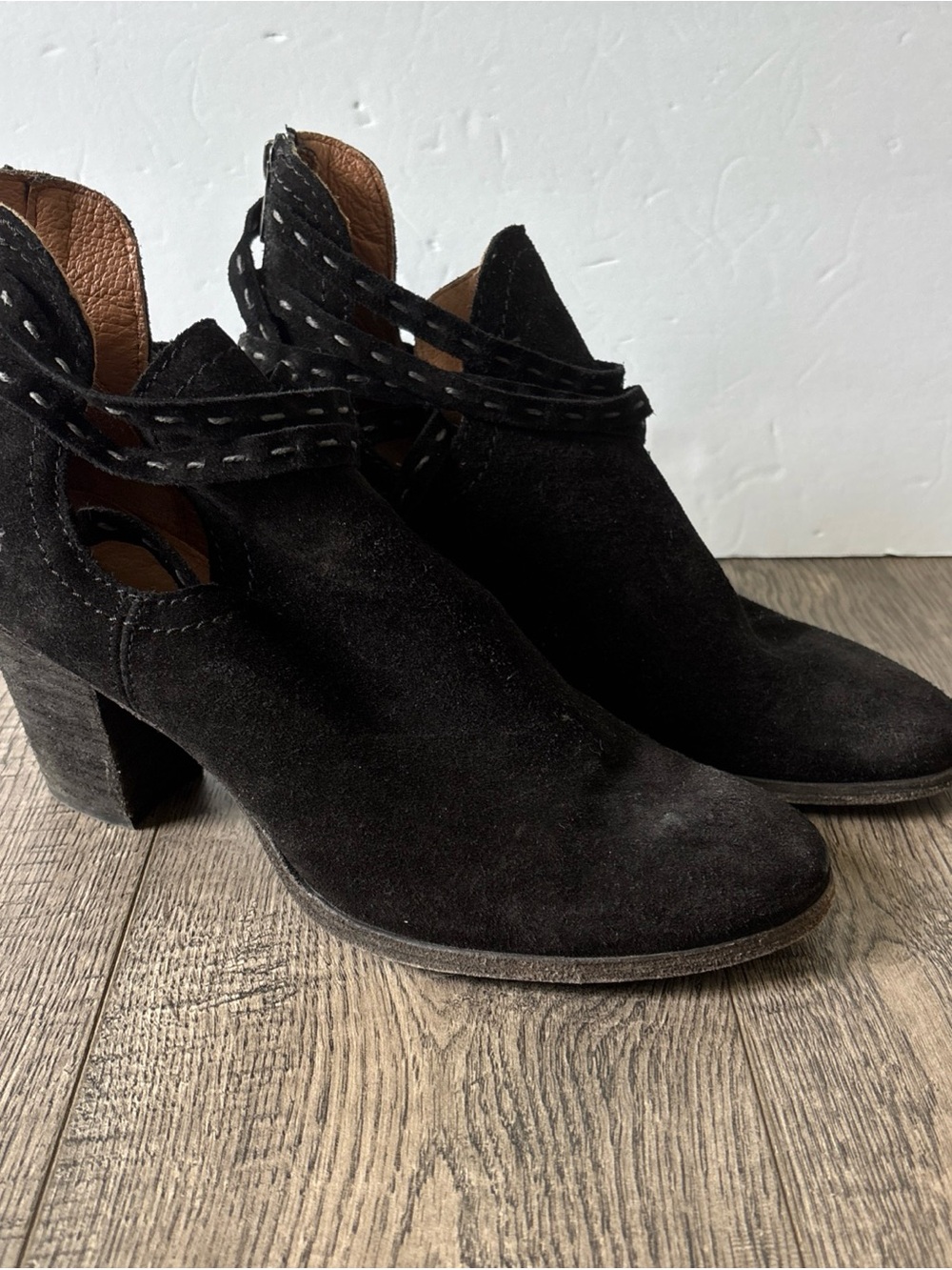 Frye Black Suede Heeled Ankle Boots with Strap Detail